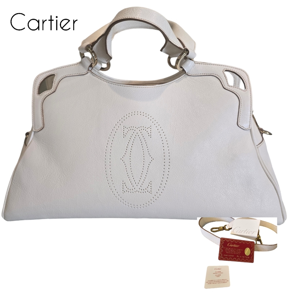 CARTIER Flawless Buffalo Cream Leather Handbag Shoulder bag Vintage Collector
